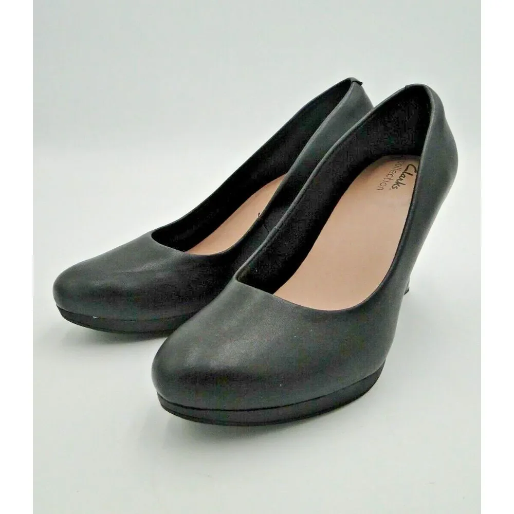 Clarks Adriel Viola Black Leather Platform Dress Shoes Pumps Heels Women's 9.5 M